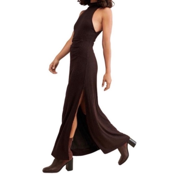 🆕 Whimsigoth Free People ATHEA Maxi Dress Brown Stretch Slip Sexy Slit Layer - Picture 12 of 15